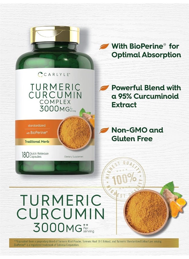 CARLYLE - Carlyle Turmeric Curcumin with Black Pepper | 3000mg 180 Capsules | Curcuminoids and Bioperine Supplement | Non-GMO, Gluten Free - Image 1