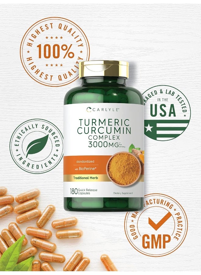 CARLYLE - Carlyle Turmeric Curcumin with Black Pepper | 3000mg 180 Capsules | Curcuminoids and Bioperine Supplement | Non-GMO, Gluten Free - Image 1