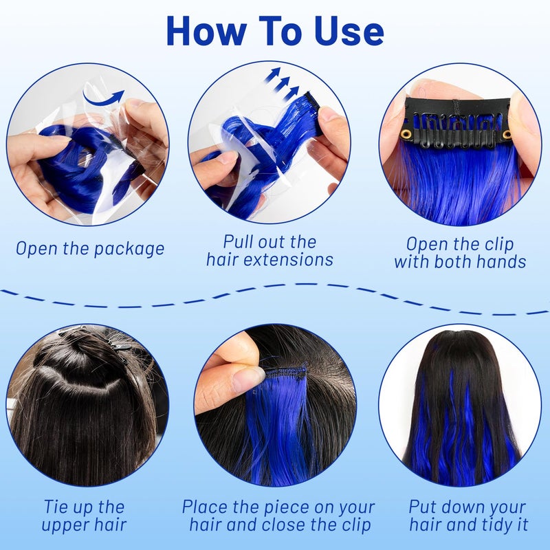 TOFAFA 16 Pcs Colored Hair Extensions Curly Wavy Clip in Synthetic Hairpiece Streak for Girls Women Kid, Multi-colors Party Highlights Cosplay Festival Gift(Blue) - Image 4
