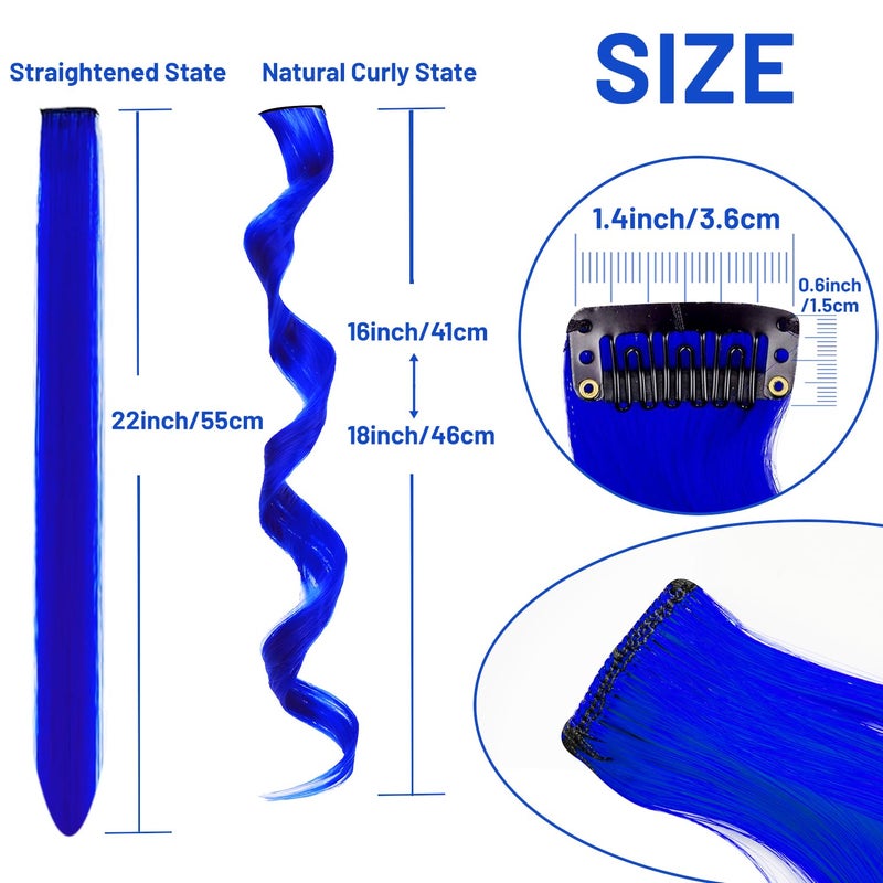 TOFAFA 16 Pcs Colored Hair Extensions Curly Wavy Clip in Synthetic Hairpiece Streak for Girls Women Kid, Multi-colors Party Highlights Cosplay Festival Gift(Blue) - Image 3