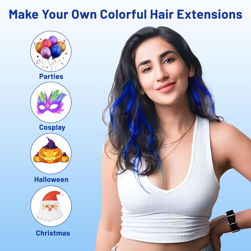 TOFAFA 16 Pcs Colored Hair Extensions Curly Wavy Clip in Synthetic Hairpiece Streak for Girls Women Kid, Multi-colors Party Highlights Cosplay Festival Gift(Blue) - Image 2