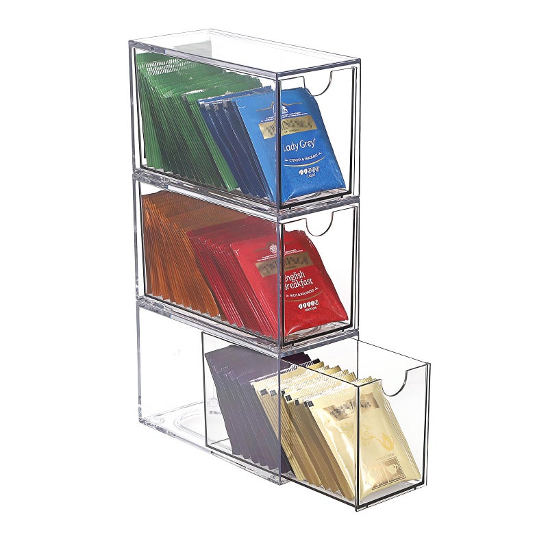ELLDOO 3 Drawers Tea Bag Organizer, Clear Acrylic Stackable Tea Bag Storage Holder for Kitchen Pantry, Coffee Pod Snack Storage for Countertop Cabinet - Image 1