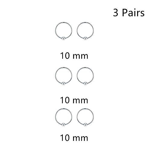 JUSTKIDSTOY Sterling Silver Cartilage Earrings Thin Small Hoop Earring Hypoallergenic Mini Tiny Ear Piercing Endless Ball Bead Nose Sleeper for Women (3 Pairs Silver-10mm) - Image 2
