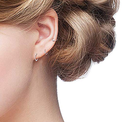 JUSTKIDSTOY Sterling Silver Cartilage Earrings Thin Small Hoop Earring Hypoallergenic Mini Tiny Ear Piercing Endless Ball Bead Nose Sleeper for Women (3 Pairs Silver-10mm) - Image 3