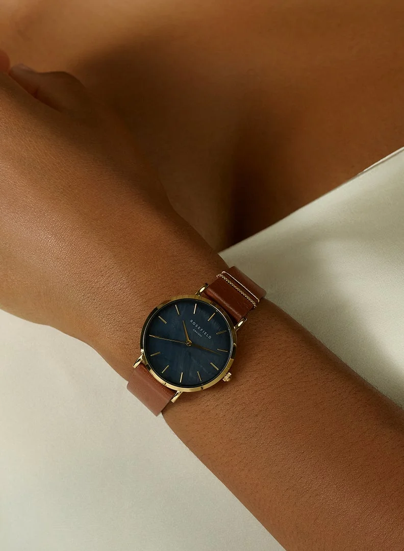 Rosefield  Women's West Village Round Analogue Watch, Black Mother-of-Pearl Dial, Cognac Leather Strap for Women | Best Price UAE