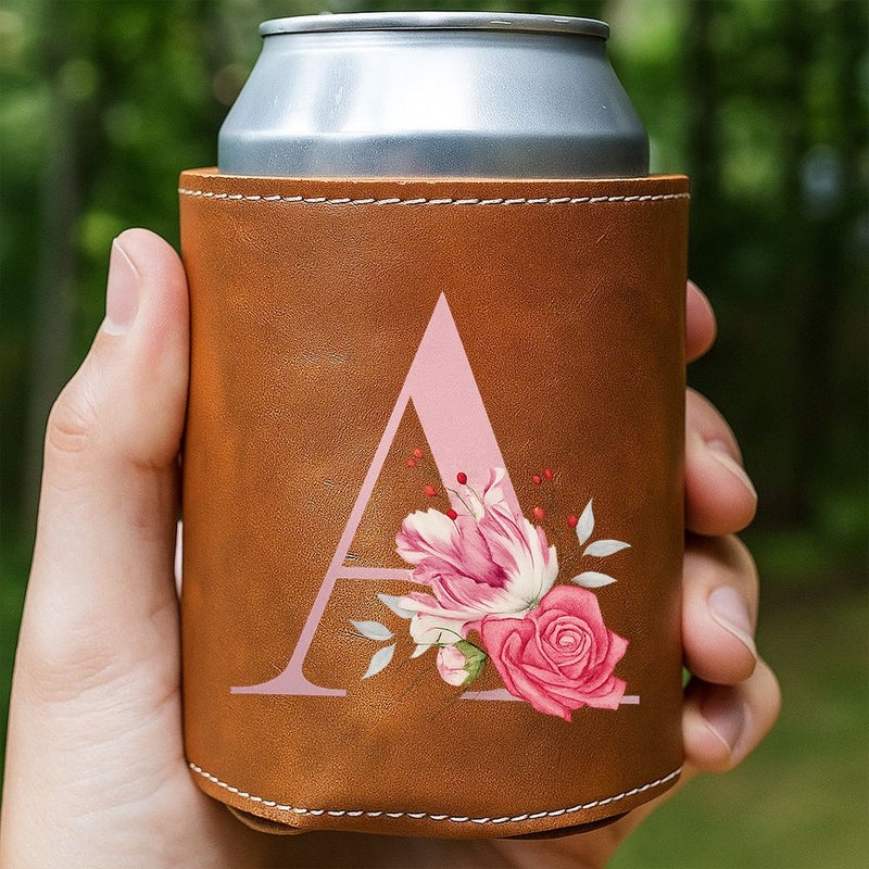 Brown 26 Flower Letters Can Cooler For Dad Grandpa Son Birthday Father Day Gift Durable Plastic Stubby Holder - Image 1