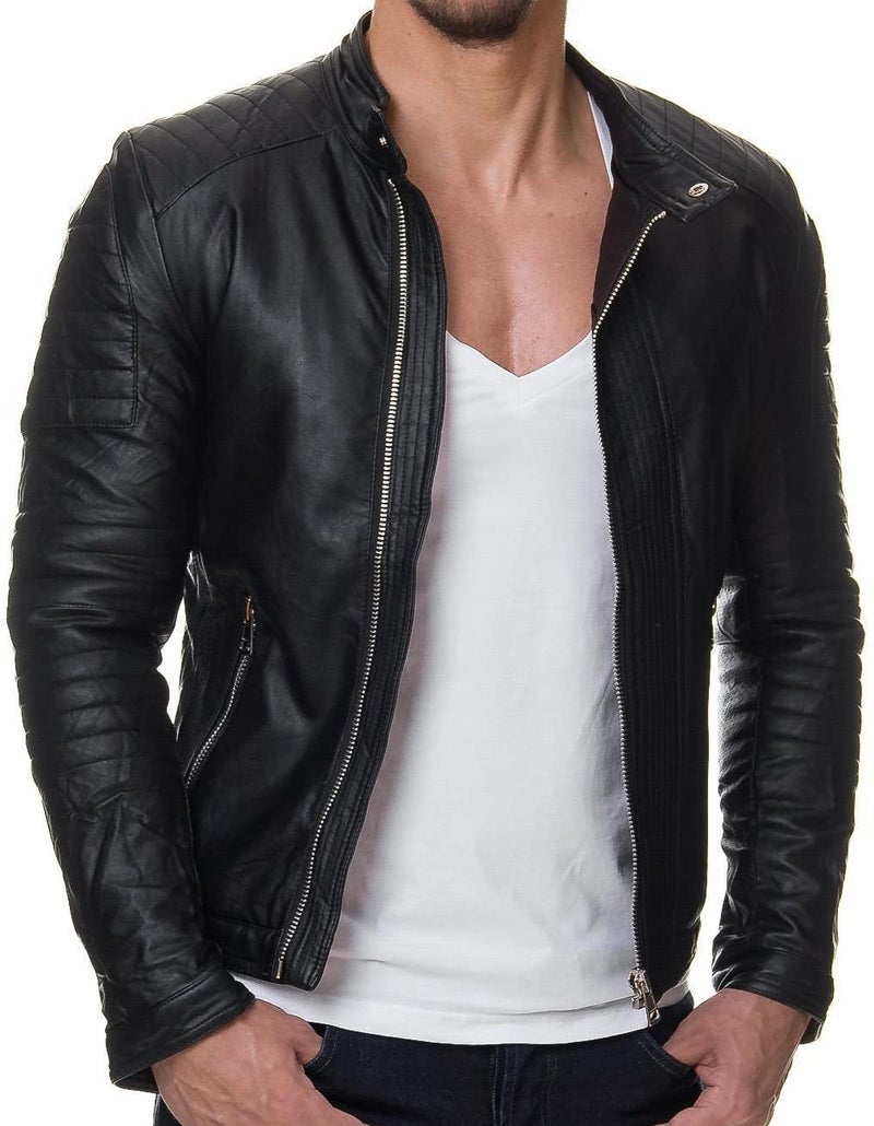 DECIMAL Mens Black Genuine Lambskin Leather Biker Jacket VINTAGE REAL MOTORCYCLE JACKETS FOR MEN as1 alpha l regular regular XBLACK
