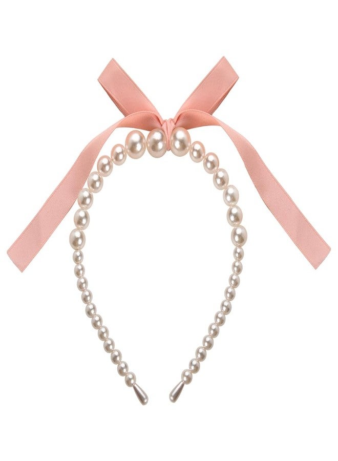 Sisadodo Pearl Bow Headband for Women Girls Cute Pink Ribbon Headbands for Girls Pearls Hair Bows Hoop for Teen Girl Bow Headbands Headpiece for Women Fashion Hair Accessories for Women Bowknot Hair Head Band - Image 1