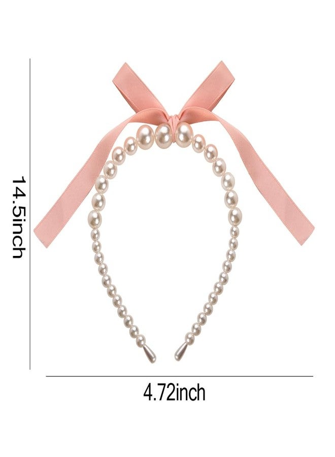 Sisadodo Pearl Bow Headband for Women Girls Cute Pink Ribbon Headbands for Girls Pearls Hair Bows Hoop for Teen Girl Bow Headbands Headpiece for Women Fashion Hair Accessories for Women Bowknot Hair Head Band - Image 2
