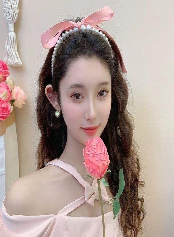 Sisadodo Pearl Bow Headband for Women Girls Cute Pink Ribbon Headbands for Girls Pearls Hair Bows Hoop for Teen Girl Bow Headbands Headpiece for Women Fashion Hair Accessories for Women Bowknot Hair Head Band - Image 3