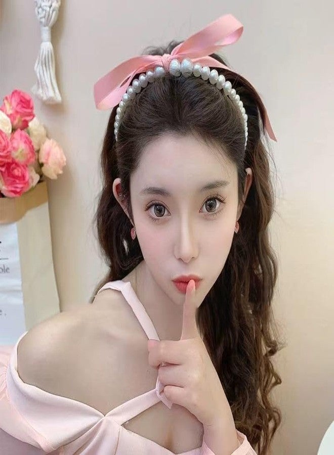 Sisadodo Pearl Bow Headband for Women Girls Cute Pink Ribbon Headbands for Girls Pearls Hair Bows Hoop for Teen Girl Bow Headbands Headpiece for Women Fashion Hair Accessories for Women Bowknot Hair Head Band - Image 4