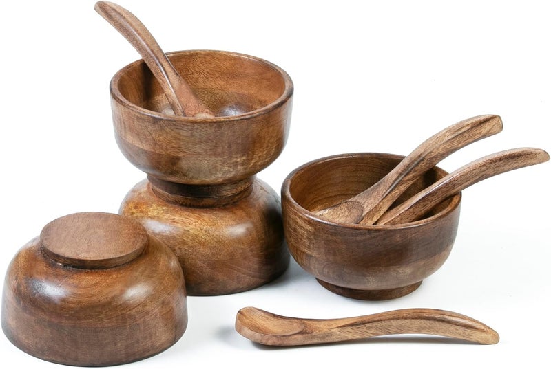 Crocon Small Wood Bowl Wooden Bowls With Spoon Set of 4 Rice Soup Dip Salad Salt  Condiments Handmade Wooden Kitchen Mini Serving Cups Bowls Tableware Side Dish Set 45 Inch Bowl - Image 1