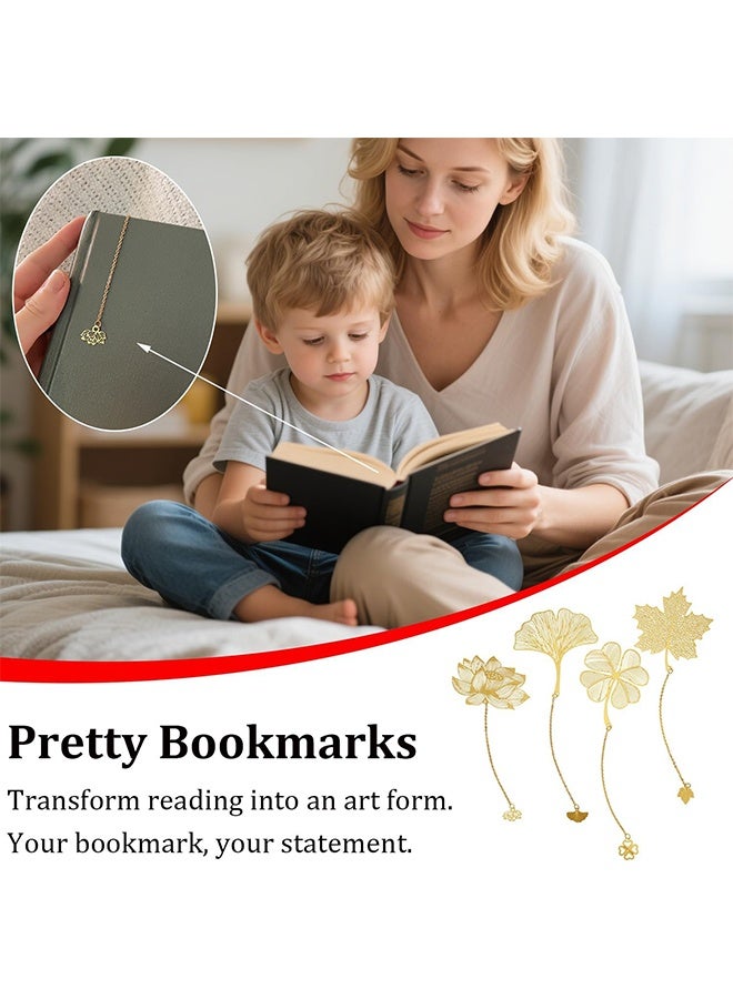 كوانتوم مجموعة من 4 فواصل كتب معدنية على شكل زهور مع سلسلة، هدية فواصل كتب ذهبية مجوفة، إكسسوارات فواصل كتب للكبار لمحبي الكتب والكتاب والقراء والأطفال والمراهقين والرجال والنساء والبالغين - Image 4