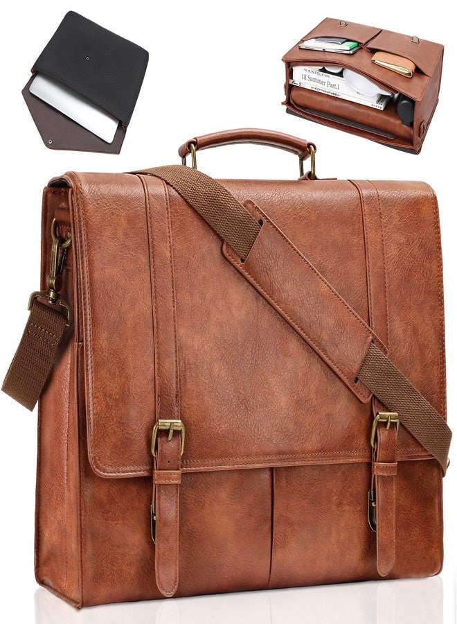 ESTARER Men's Messenger Bag for 15.6 Inch Laptop, Water-resistant Vintage Pu Leather Briefcase with Laptop Sleeve, Large Satchel Bag Computer Shoulder Bag for Work/Travel/College (2Pcs, Brown) - Image 1