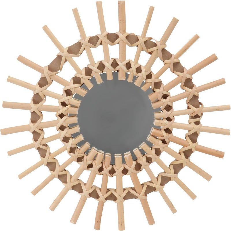 Woven Decorative Wall Mounted Mirror Hand Woven Rattan Makeup Mirror Khaki Color Bohemian Style Home Décor for Living Room Bathroom Vanity - Image 1