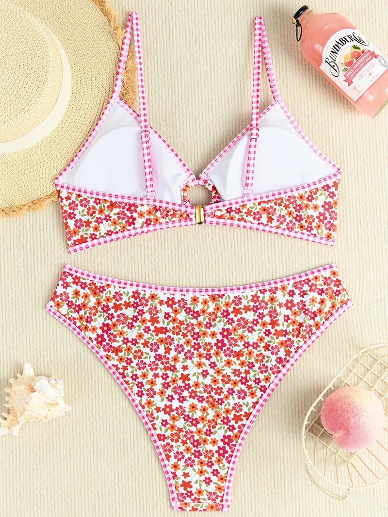 Tainehs Women's Two Piece Bikini Sets O Ring Front Top Ditsy Floral Triangle Swimsuits Cheeky Bathing Suit - Image 5