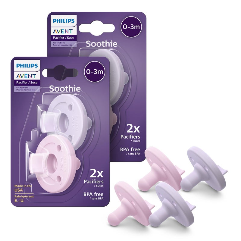 Avent Soothie Orthodontic Baby Pacifiers Silicone Pacifiers  BPA Free for Babies 0-3 Months 2 Lilac and 2 Pink, 4 Pack