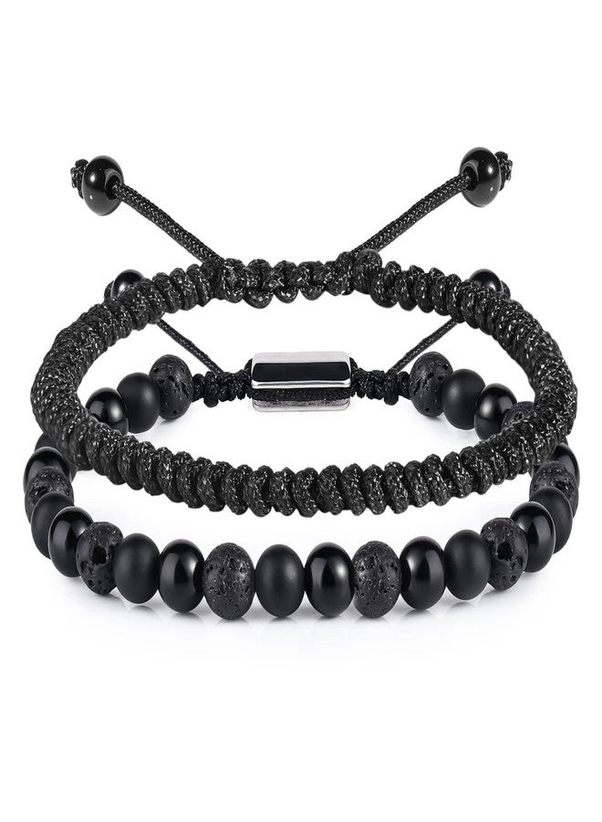 CARITATE Black Beaded Bracelets for Men Boys - 6mm Obsidian Onyx Lava Beads Mens Bracelet Set Mens Jewelry - Cool Anniversary Valentines Fathers Birthday Gifts for Him Boyfriend Husband Man Son Dad - Image 1