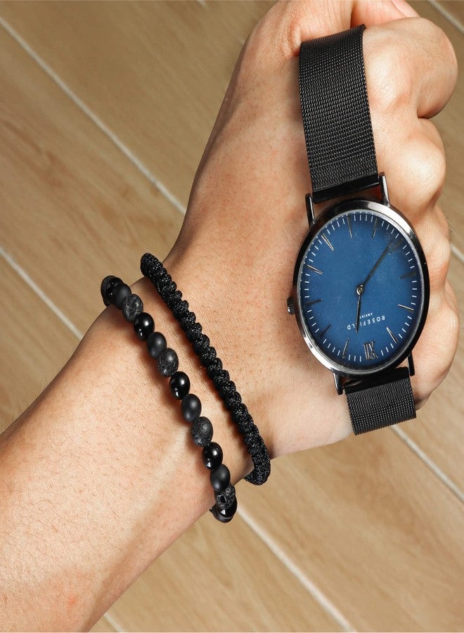 CARITATE Black Beaded Bracelets for Men Boys - 6mm Obsidian Onyx Lava Beads Mens Bracelet Set Mens Jewelry - Cool Anniversary Valentines Fathers Birthday Gifts for Him Boyfriend Husband Man Son Dad - Image 2