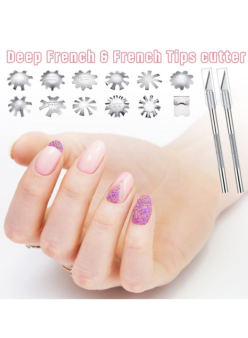 SYOSI 12 Pieces French Nail Trimmer, Stainless Steel French Tip Cutters, Smile Line Cutter Edge Manicure DIY Plate Module with 2 Handles French Tip Cutting Knife and 5 Spare Blade for Acrylic Nail - Image 3