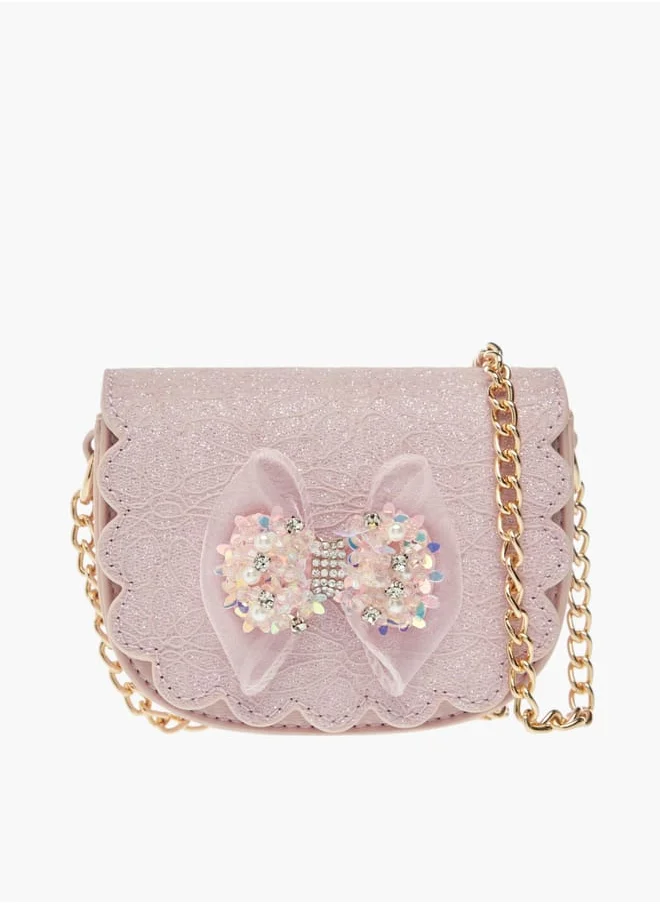Little Missy Girls Bow Accent Crossbody Bag with Chain Strap and Button Closure