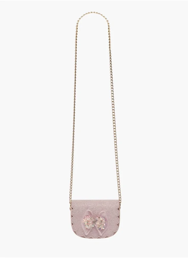 Little Missy Girls Bow Accent Crossbody Bag with Chain Strap and Button Closure