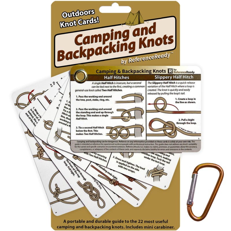 ReferenceReady Outdoor Knots - Waterproof Knot Tying Cards with Mini Carabiner - Includes 22 Rope Knots for Camping, Backpacking, and Scouting Scenarios - Image 1
