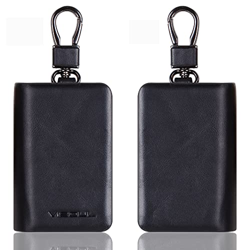 VISOUL Car Key Case Holder Double Zipper, Leather Car Smart Key Fob Case with Keychain for Men and Women-Black - Image 2