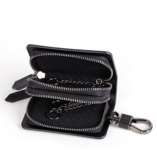 VISOUL Car Key Case Holder Double Zipper, Leather Car Smart Key Fob Case with Keychain for Men and Women-Black - Image 3