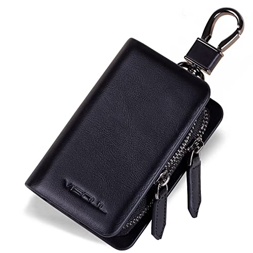 VISOUL Car Key Case Holder Double Zipper, Leather Car Smart Key Fob Case with Keychain for Men and Women-Black - Image 1