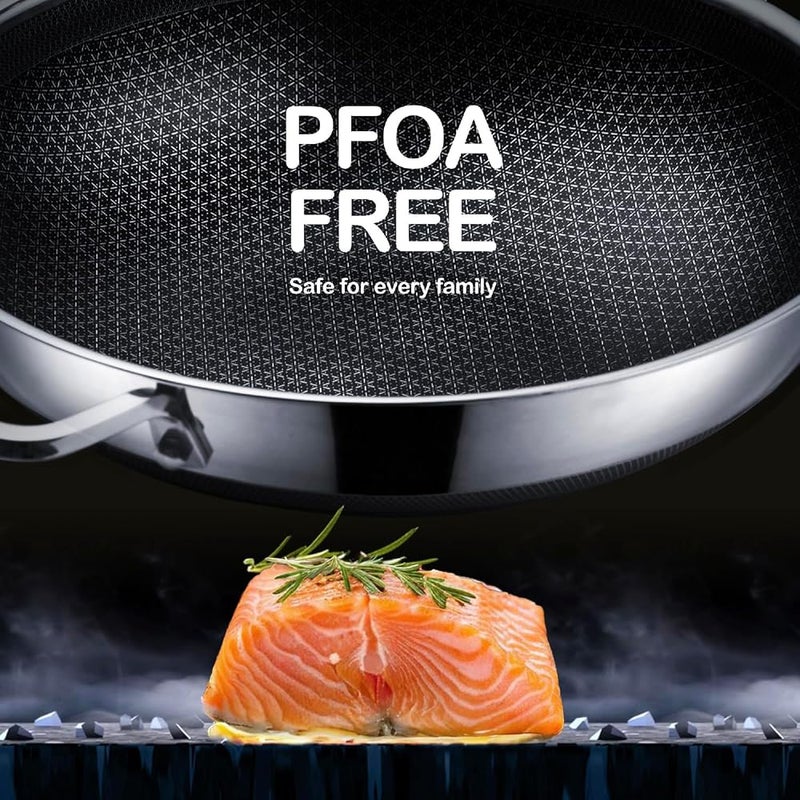 Spnor Wok Pan with Lid, 32CM Stainless Steel Pot with Lid, Woks Stir-fry Pans with Honeycomb Coating, Nonstick Wok Flat Bottom, Induction Wok Pan Compatible with All Cooktops - Image 5