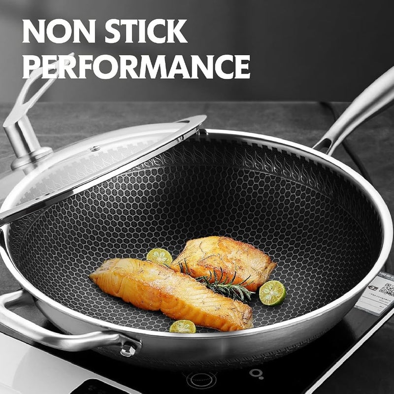 Spnor Wok Pan with Lid, 32CM Stainless Steel Pot with Lid, Woks Stir-fry Pans with Honeycomb Coating, Nonstick Wok Flat Bottom, Induction Wok Pan Compatible with All Cooktops - Image 3