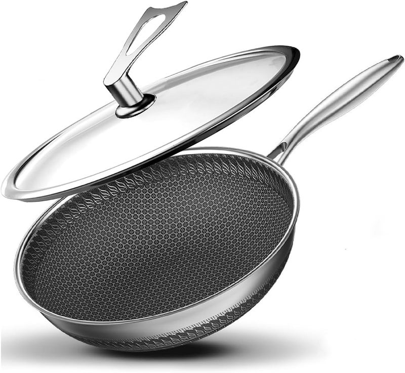 Spnor Wok Pan with Lid, 32CM Stainless Steel Pot with Lid, Woks Stir-fry Pans with Honeycomb Coating, Nonstick Wok Flat Bottom, Induction Wok Pan Compatible with All Cooktops - Image 1