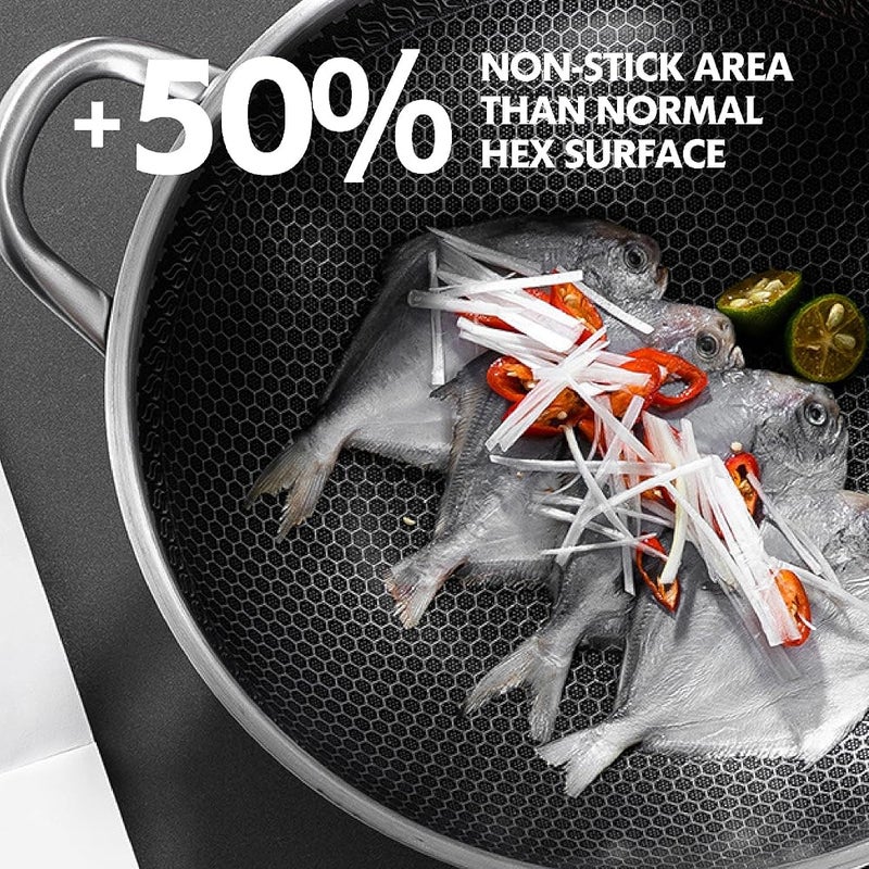 Spnor Wok Pan with Lid, 32CM Stainless Steel Pot with Lid, Woks Stir-fry Pans with Honeycomb Coating, Nonstick Wok Flat Bottom, Induction Wok Pan Compatible with All Cooktops - Image 4