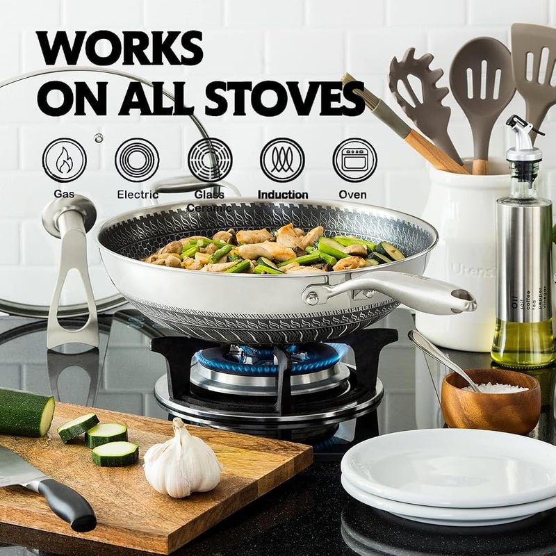 Spnor Wok Pan with Lid, 32CM Stainless Steel Pot with Lid, Woks Stir-fry Pans with Honeycomb Coating, Nonstick Wok Flat Bottom, Induction Wok Pan Compatible with All Cooktops - Image 2