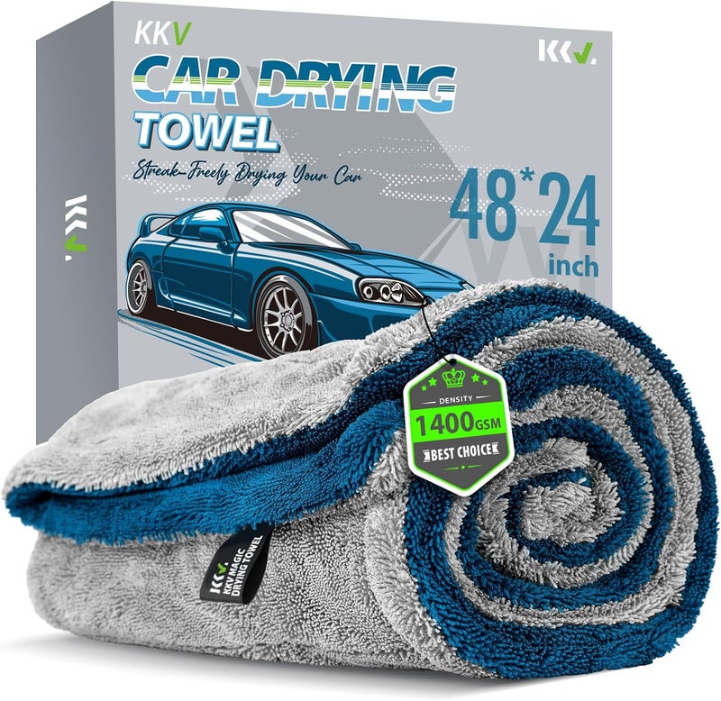 KKV Full-Sized SUV Drying Towel, 48”x24” Dual Sided Microfiber Car Cleaning Towel with Twisting Yarn Technique, 1400GSM Super Absorbent, Scratch-Free, Machine Washable (LightGrey-MarineBlue) Field test upgraded craftsmanship - Image 1