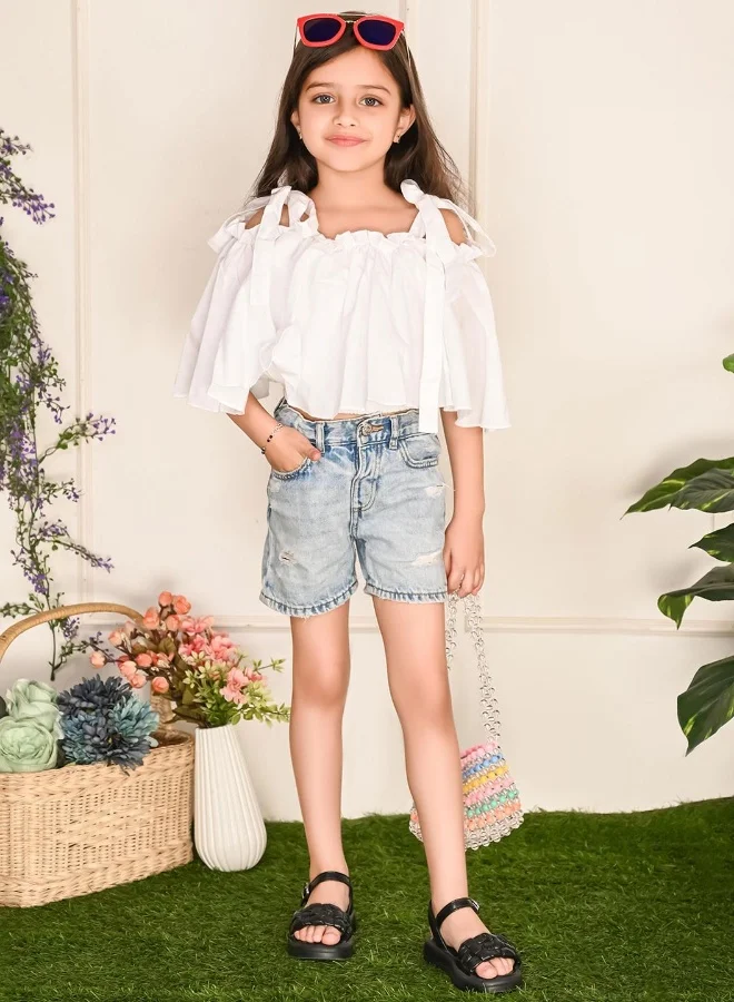 LILPICKS Off Shoulder Tie Up Layered White Crop Top for Girls