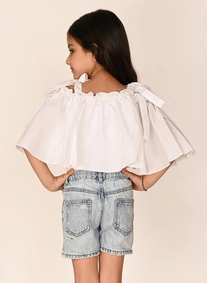 LILPICKS Off Shoulder Tie Up Layered White Crop Top for Girls