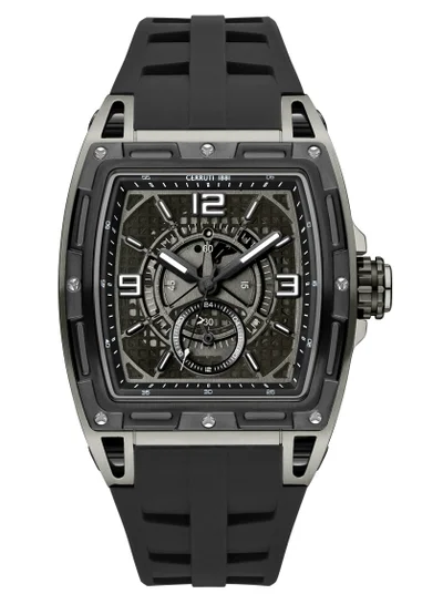 CERRUTI 1881 Men's Cerruti 1881 Belluno Multifunction Watch for Men - Tonneau Case, Black Smoked Transparent Dial, Black Silicon Strap