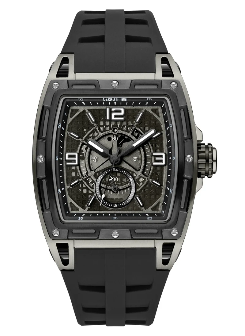 CERRUTI 1881 Cerruti 1881 Belluno Multifunction Watch for Men - Tonneau Case, Black Smoked Transparent Dial, Black Silicon Strap