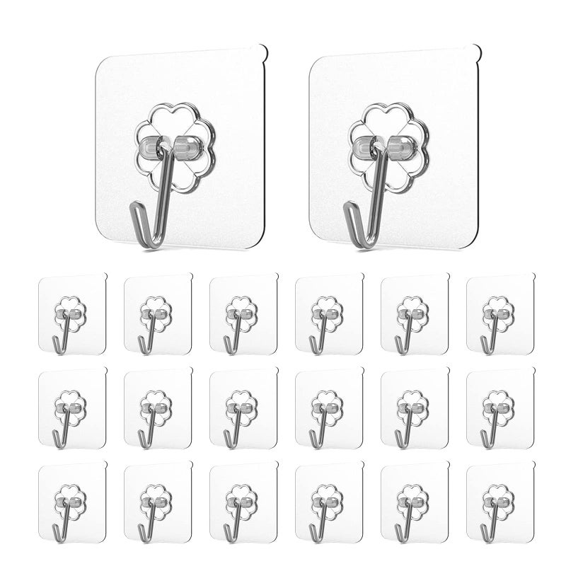 Adove Adhesive Hooks for Hanging, Heavy Duty Wall Hooks 20 Pack, Removable Sticky Ceiling Hooks, Transparent Self Adhesive Shower Hooks, Water & Oil Proof Strong 22lb(Max) Door Coat Hooks - Image 1