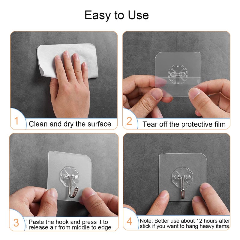 Adove Adhesive Hooks for Hanging, Heavy Duty Wall Hooks 20 Pack, Removable Sticky Ceiling Hooks, Transparent Self Adhesive Shower Hooks, Water & Oil Proof Strong 22lb(Max) Door Coat Hooks - Image 5