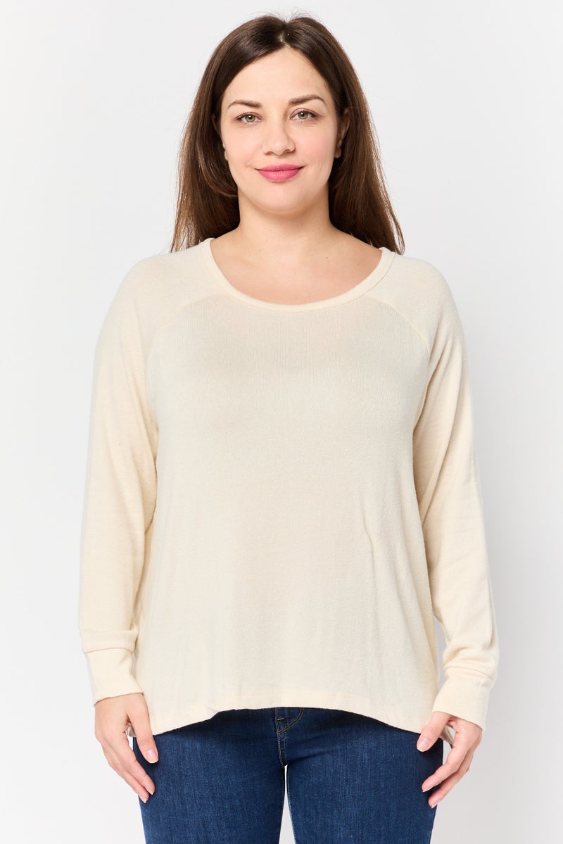 UNDIZ Women Round Neck Long Sleeve Plain Top, Ivory - Image 1