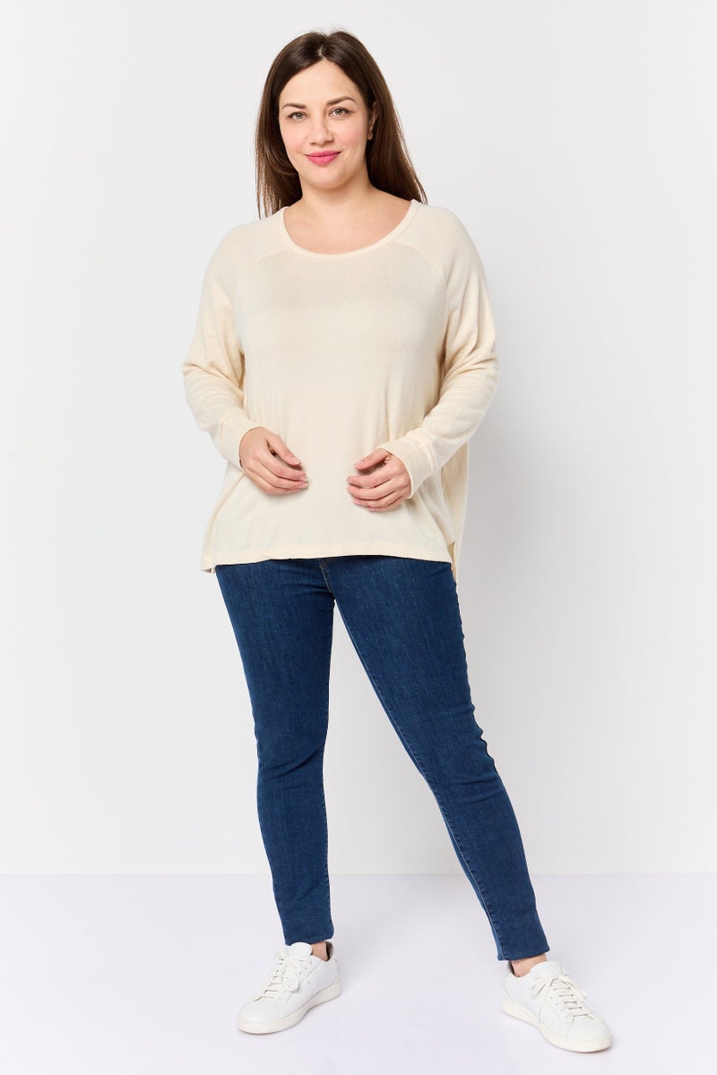 UNDIZ Women Round Neck Long Sleeve Plain Top, Ivory - Image 3
