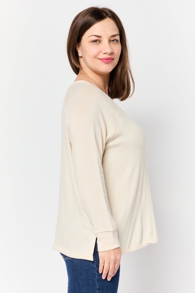 UNDIZ Women Round Neck Long Sleeve Plain Top, Ivory - Image 4