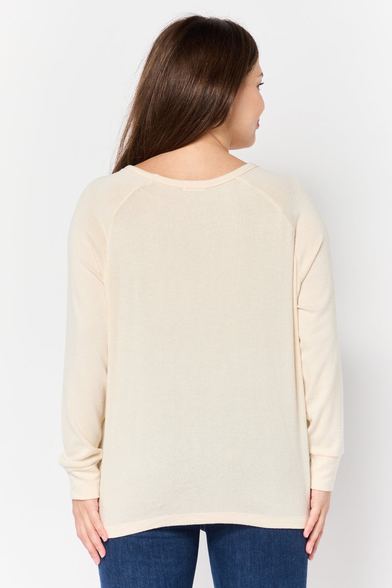 UNDIZ Women Round Neck Long Sleeve Plain Top, Ivory - Image 2