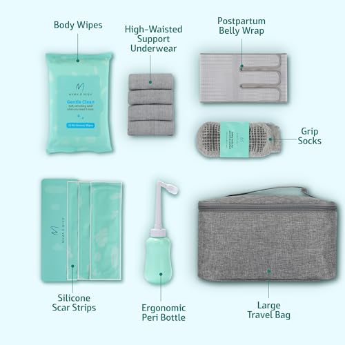 Mama & Wish Mama Wish CSection Recovery Kit Must Haves Postpartum Essentials 12Piece Set with Belly Binder NoShower Wipes Silicone Scar Patches Peri Bottle Underwear Grip Socks Toiletry Bag - Image 5