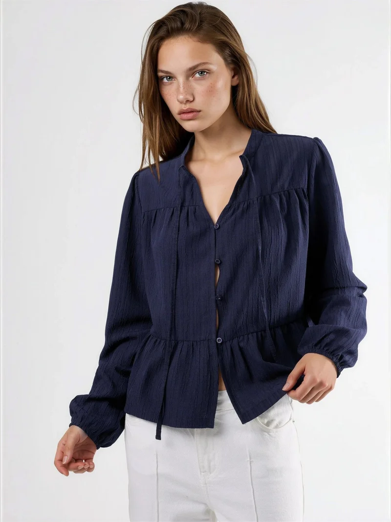 HICCUP Long Sleeve Tippet Collar Blouse