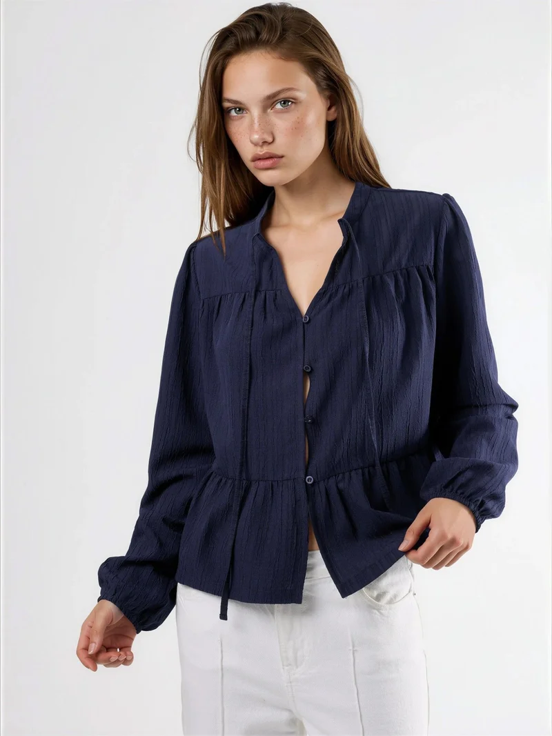 HICCUP Long Sleeve Tippet Collar Blouse