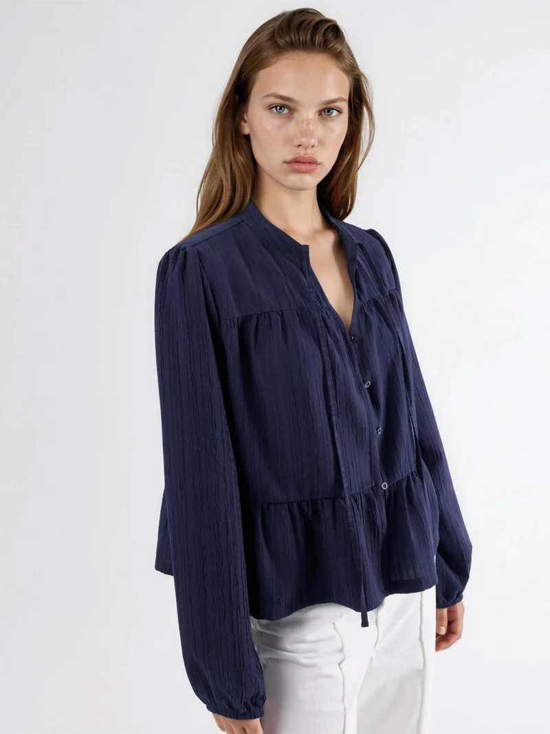 HICCUP Navy Blue Long Sleeve Tippet Collar Blouse for Women | Best Price UAE